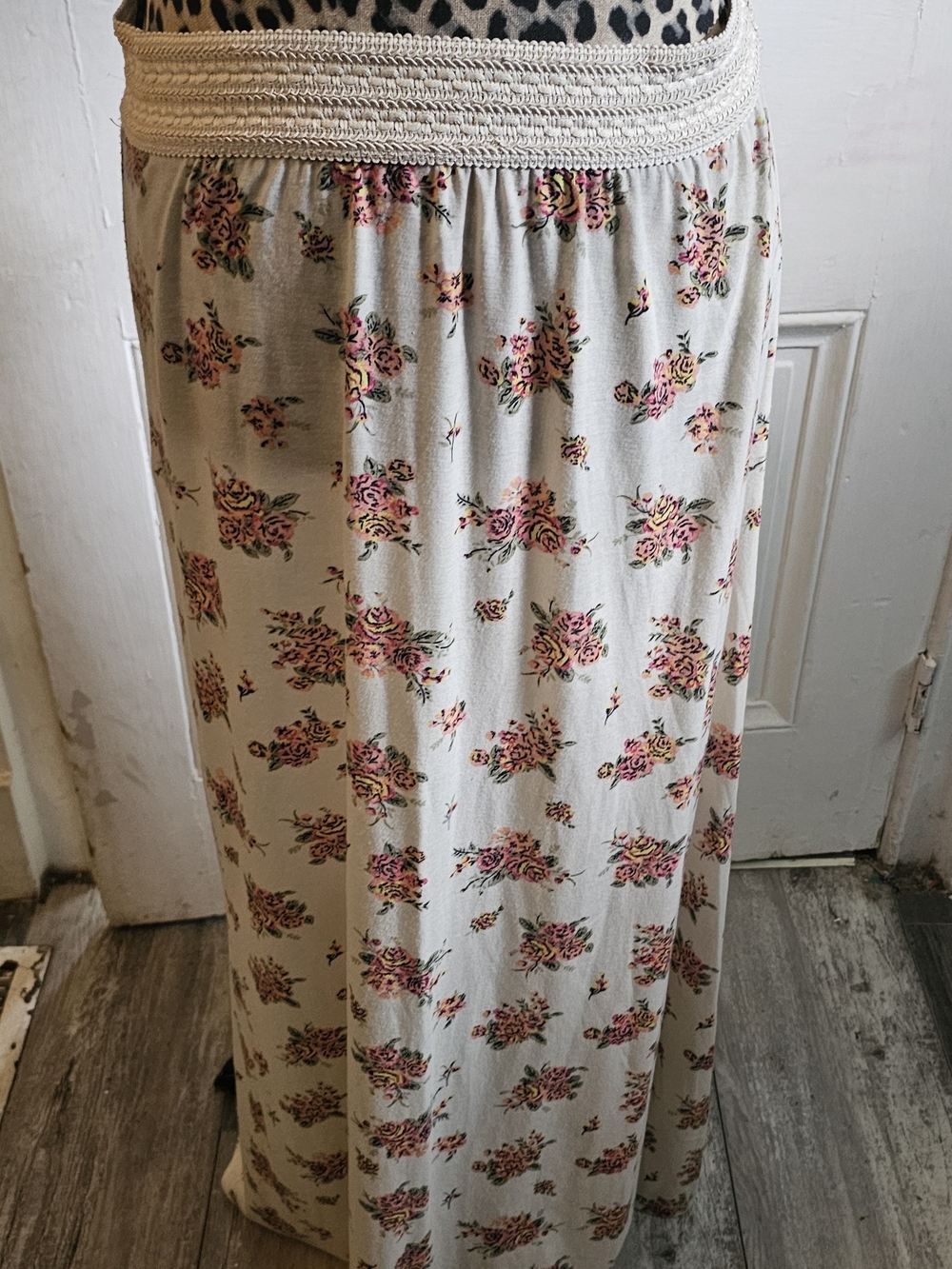 Cream Floral Maxi Skirt with Smocked Waist